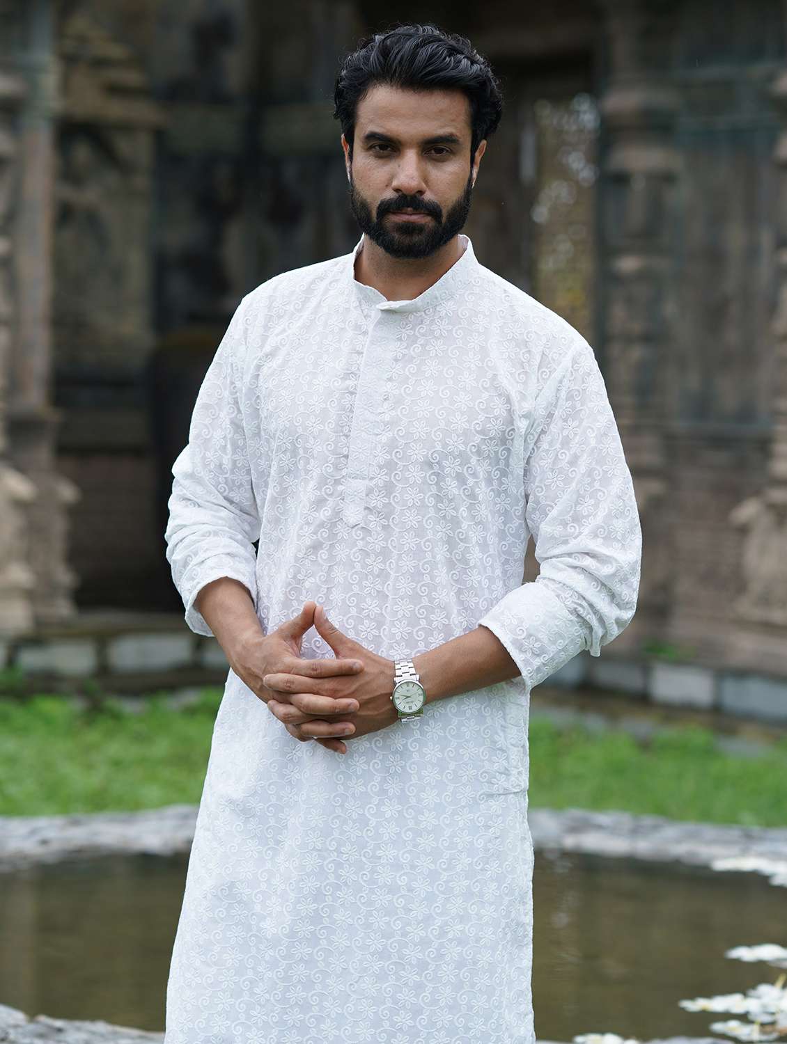 men solid with work mandarin neck long kurta - 22599142 -  Standard Image - 4