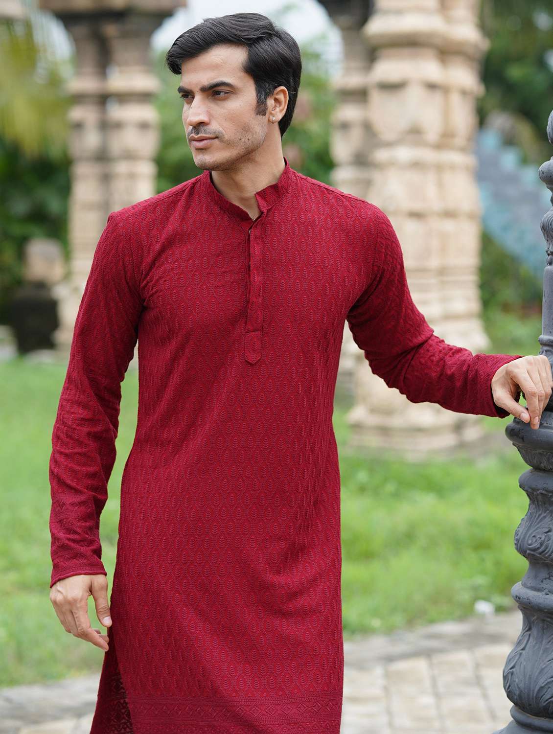 men solid with work mandarin neck long kurta - 22599143 -  Standard Image - 1