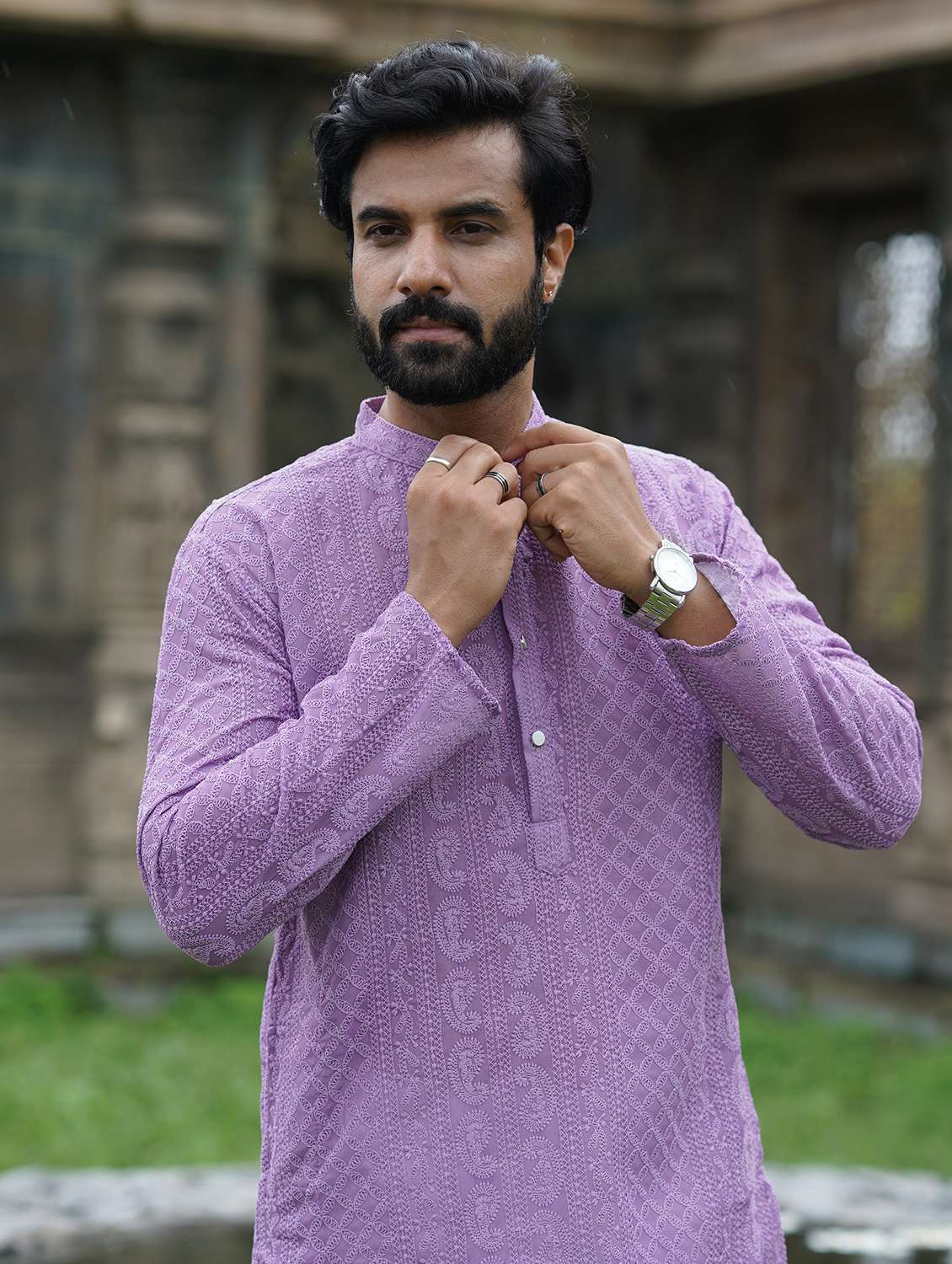 men solid with work mandarin neck long kurta - 22599144 -  Standard Image - 1