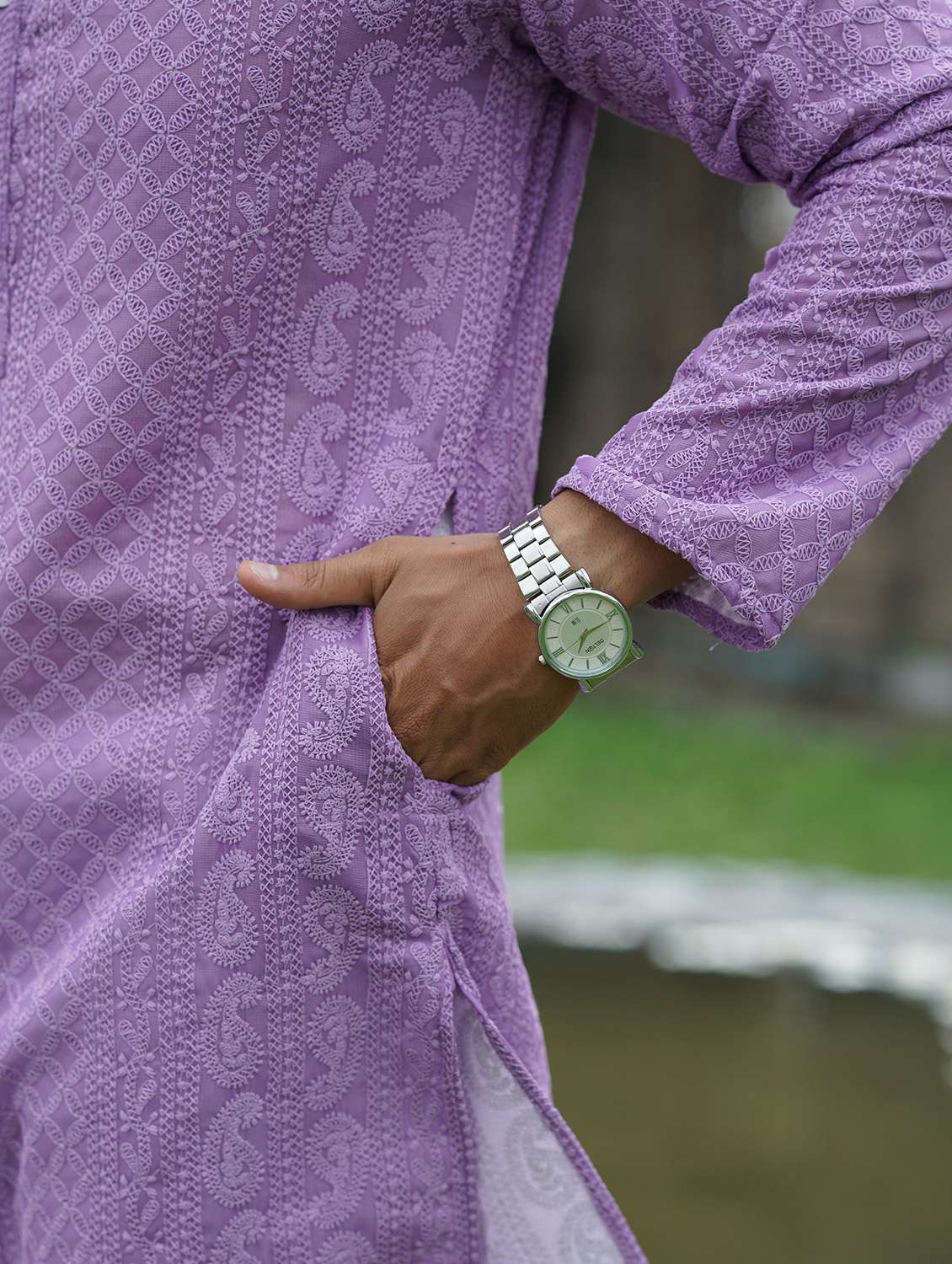 men solid with work mandarin neck long kurta - 22599144 -  Standard Image - 4