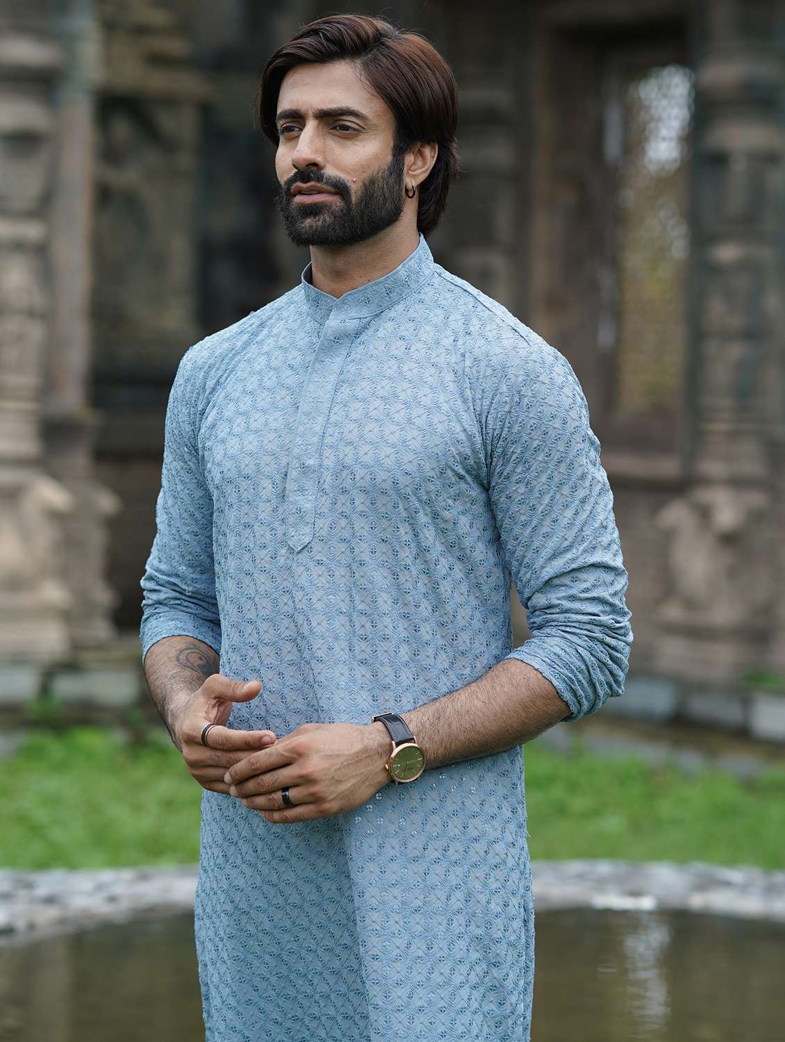 men solid with work mandarin neck long kurta - 22599146 -  Standard Image - 1