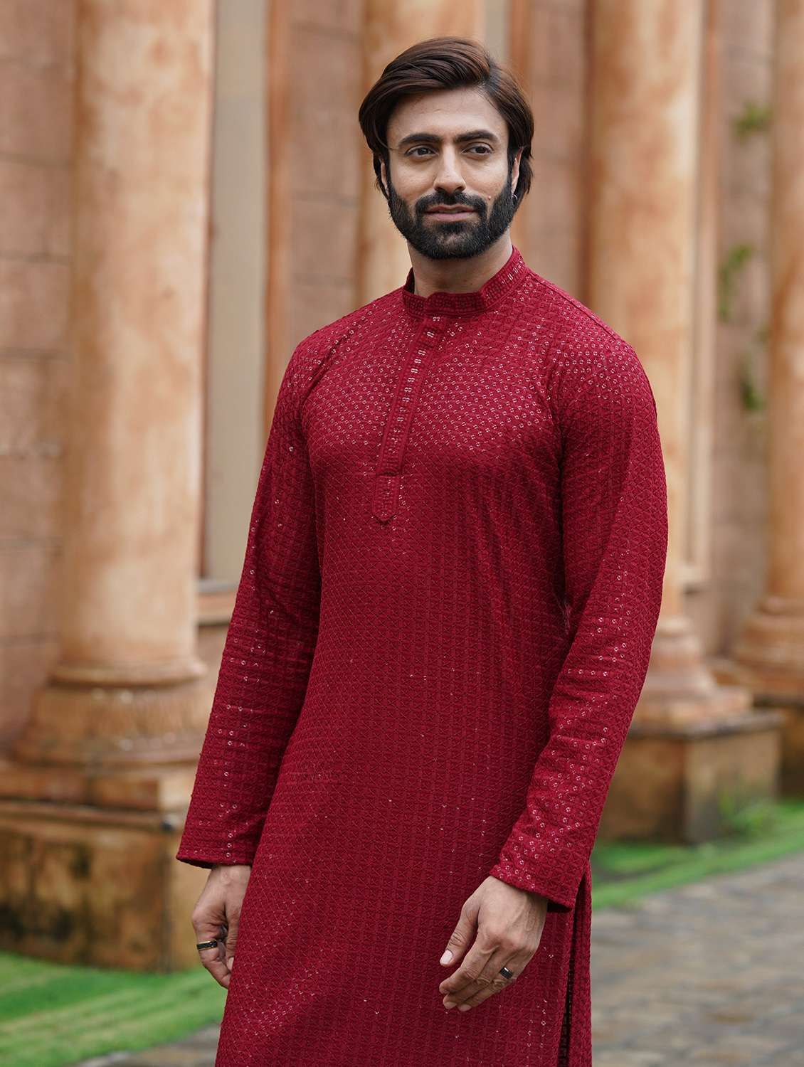 men solid with work mandarin neck long kurta - 22599148 -  Standard Image - 1