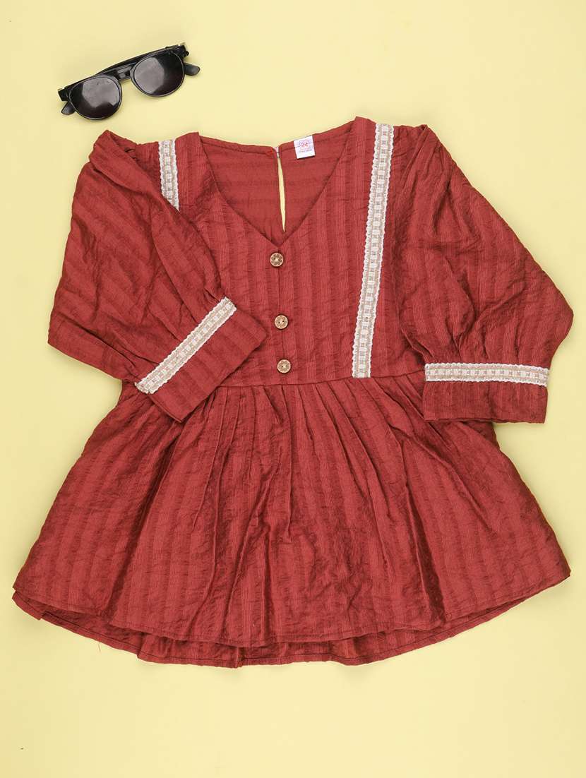 Girls Self Design Three Quarter Sleeves A-line Top - 22600114 -  Standard Image - 1