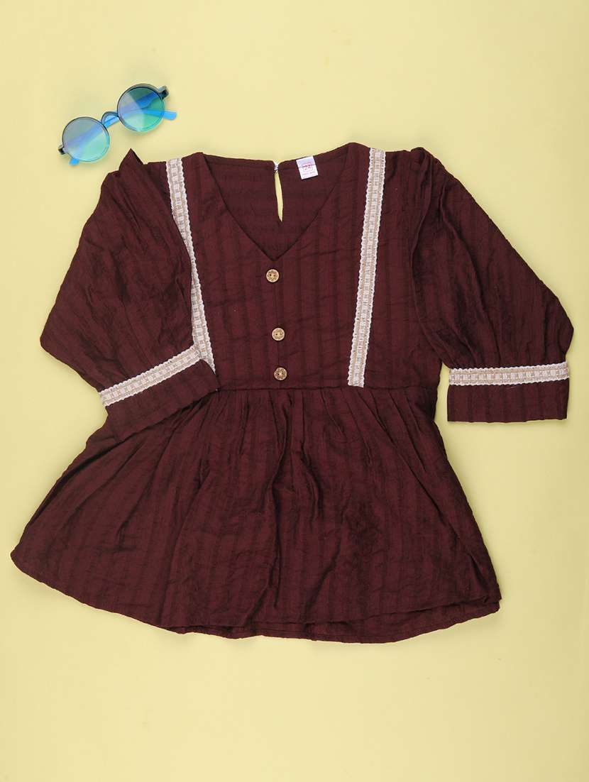 Girls Self Design Three Quarter Sleeves A-line Top - 22600116 -  Standard Image - 1