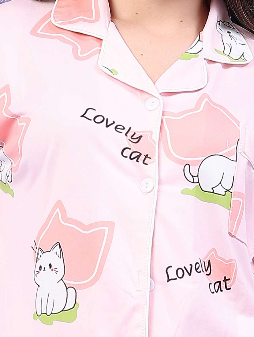 Women Pirnted Short Sleeves Nightwear Set - 22600496 -  Standard Image - 1