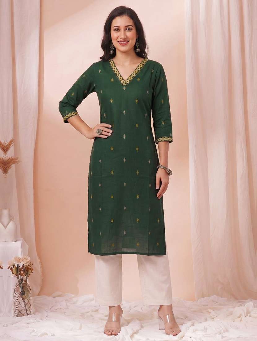 women embroidered three quarter sleeves straight kurta