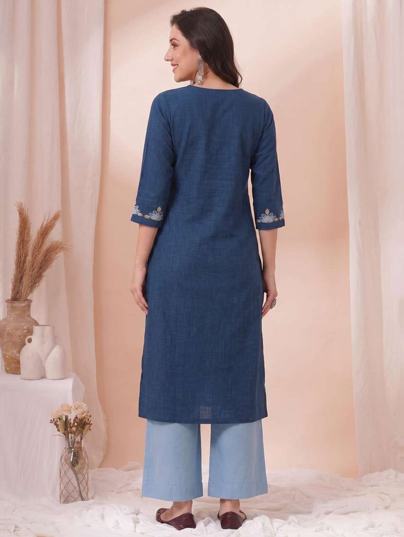women embroidered three quarter sleeves straight kurta - 22601133 -  Standard Image - 4