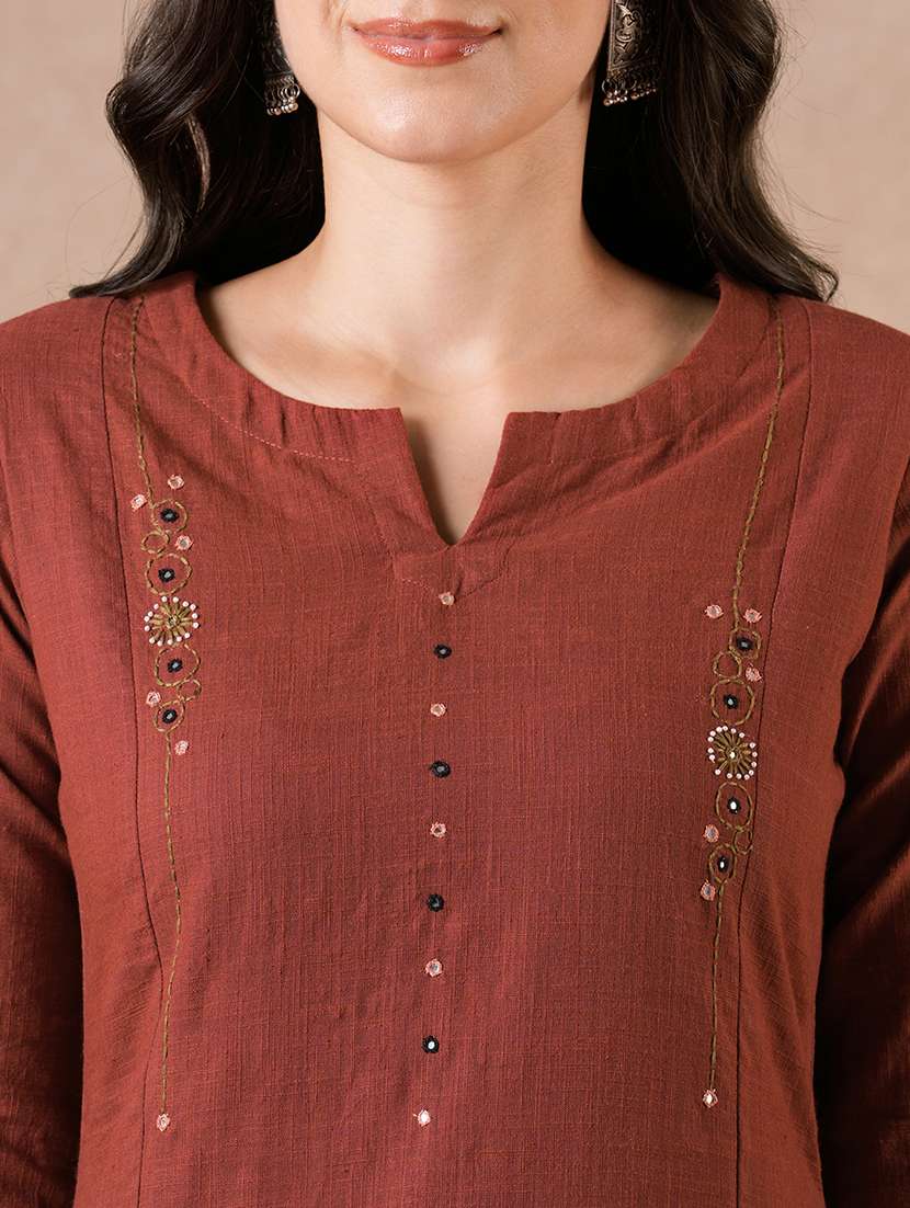 women embroidered three quarter sleeves straight kurta - 22601141 -  Standard Image - 1
