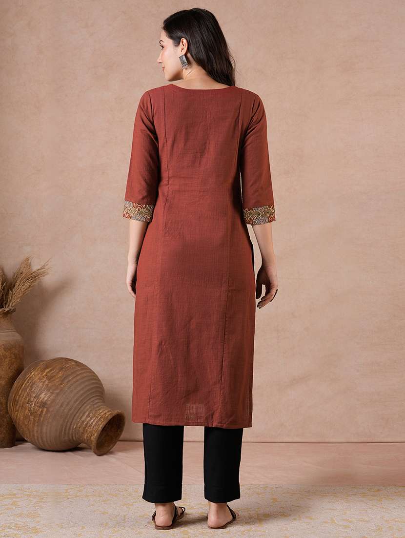women embroidered three quarter sleeves straight kurta - 22601141 -  Standard Image - 4