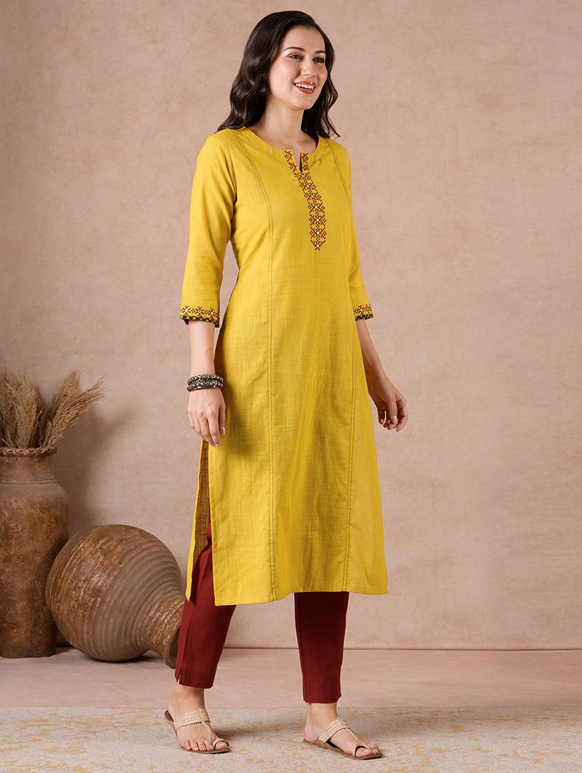 women embroidered three quarter sleeves straight kurta - 22601145 -  Standard Image - 4