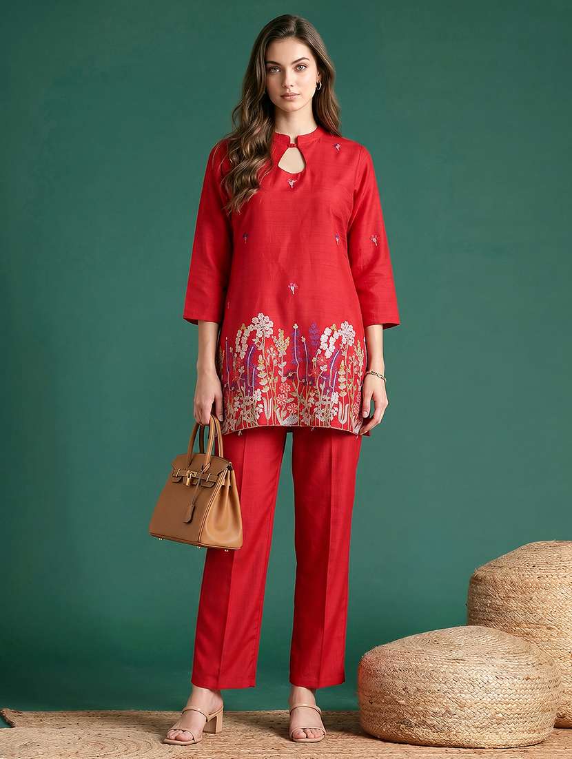 women embroidered three quarter sleeves ethnic co-ord set