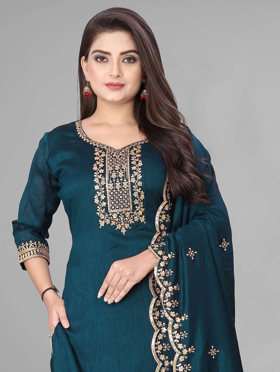 women embroidered three quarter sleeves kurta pant with dupatta set - 22602780 -  Standard Image - 1