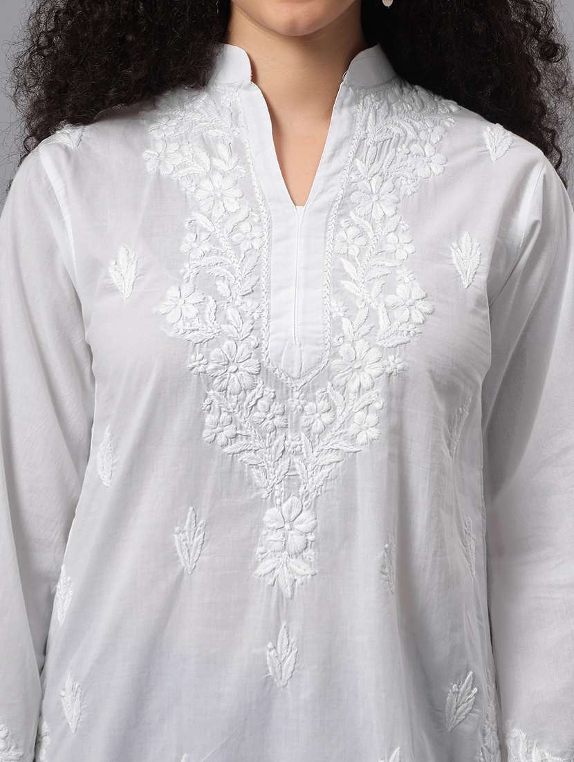 Women Solid With Work Three Quarter Sleeve Chikankari Kurti - 22602829 -  Standard Image - 1