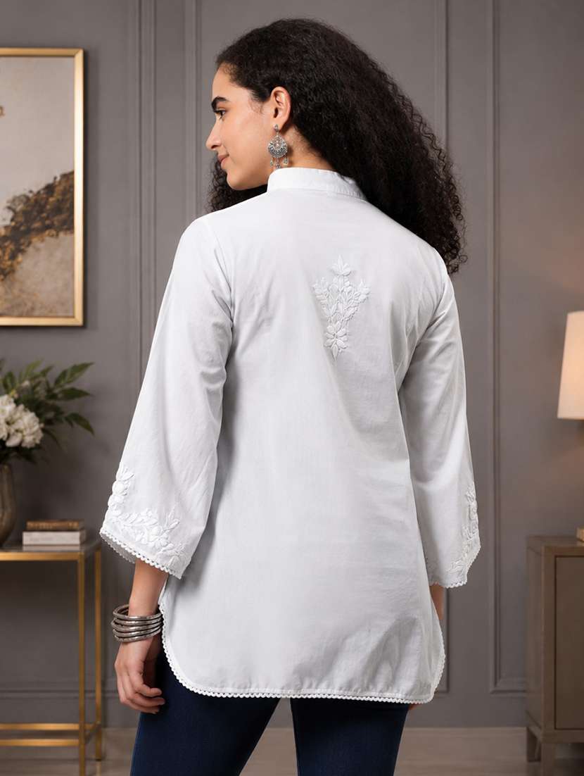 Women Solid With Work Three Quarter Sleeve Chikankari Kurti - 22602829 -  Standard Image - 4