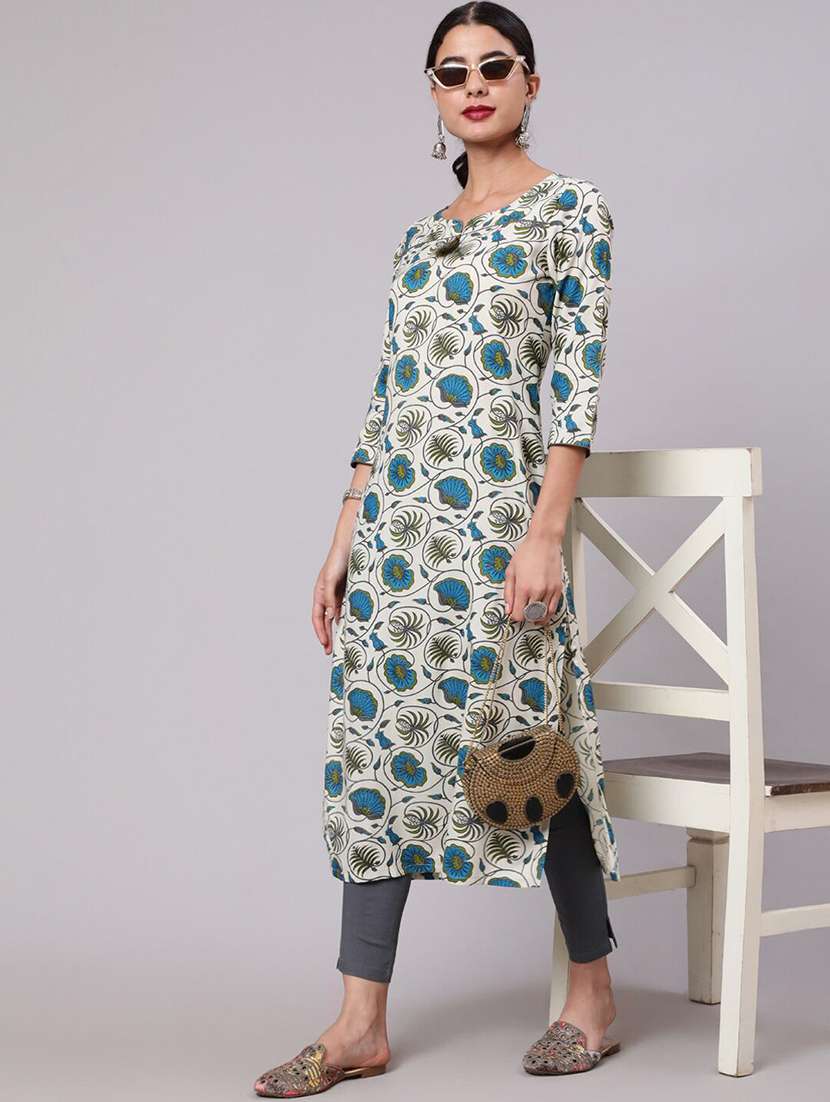 women printed three quarter sleeves straight kurta