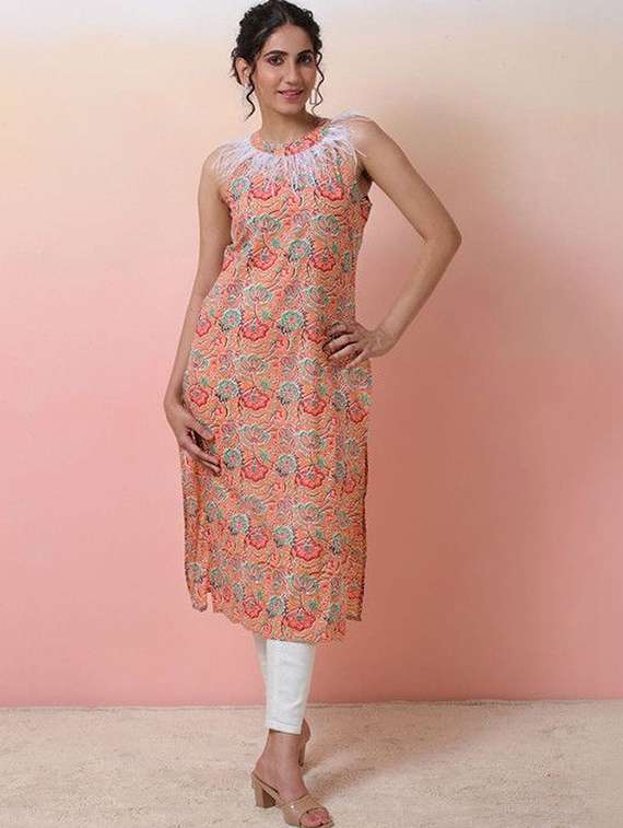 women printed sleeveless straight kurta