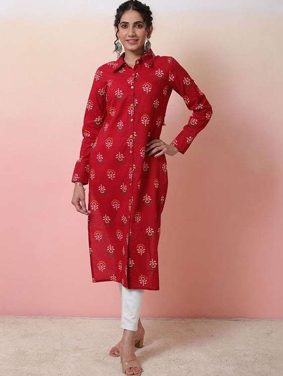 women printed long sleeves straight kurta