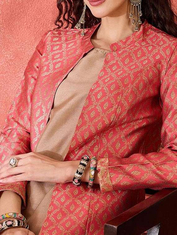 Women Self Design Long Sleeves Kurta With Jacket - 22603061 -  Standard Image - 1