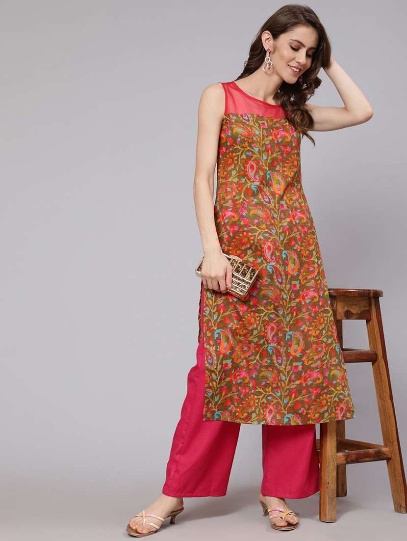 women printed sleeveless straight kurta