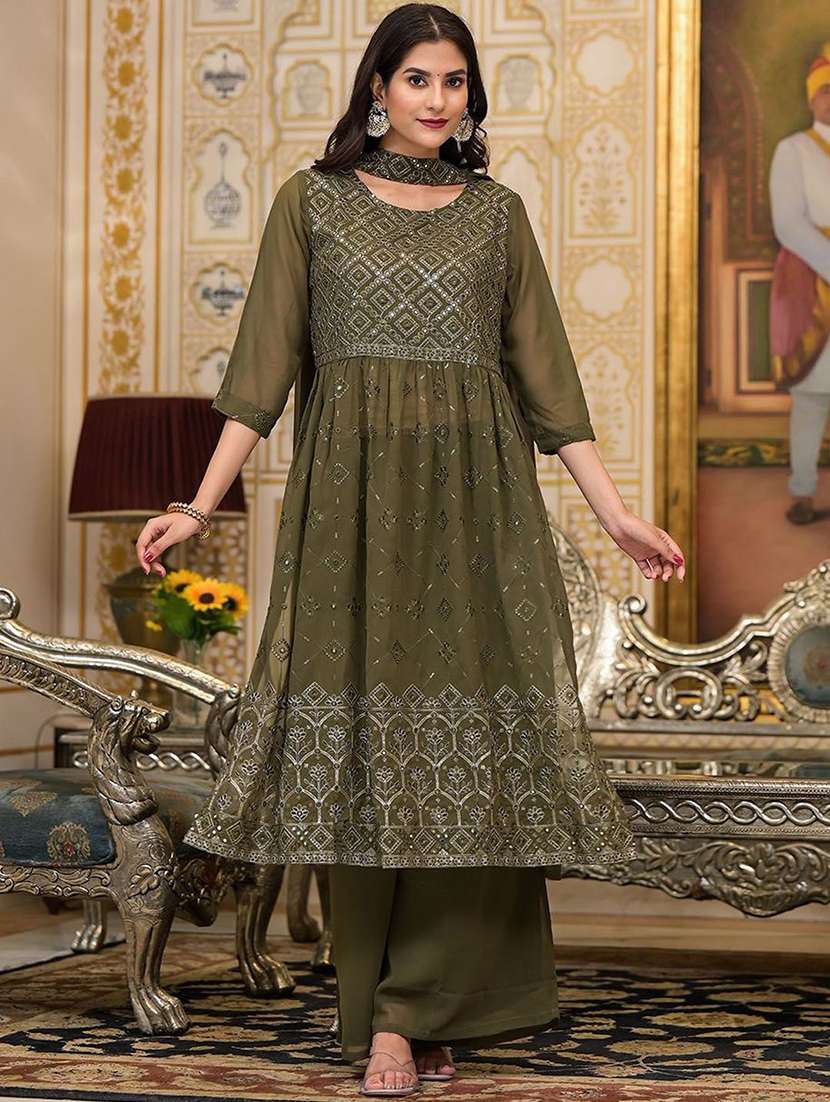 women embroidered three quarter sleeves kurta palazzo set