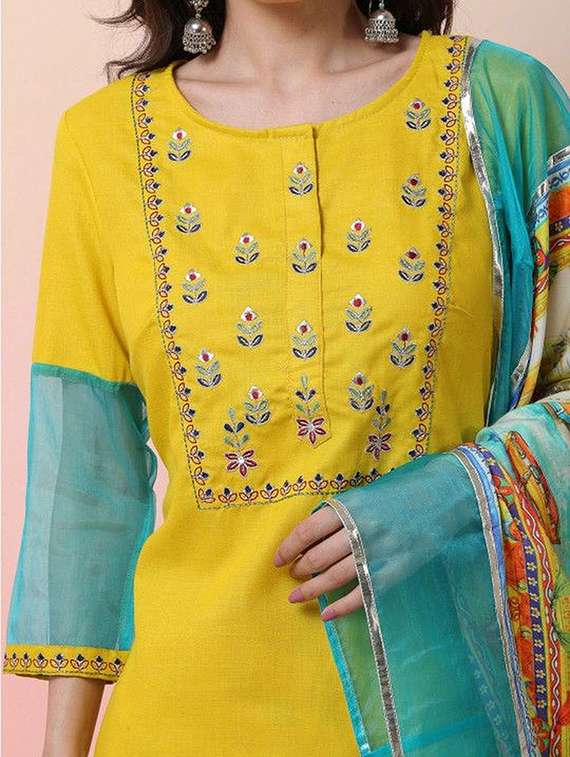 women embroidered three quarter sleeves sleeves kurta pant set with dupatta - 22603526 -  Standard Image - 1