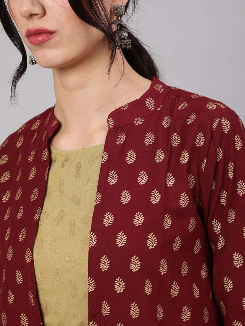 women printed three quarter sleeves top and pant set with jacket - 22603590 -  Standard Image - 1