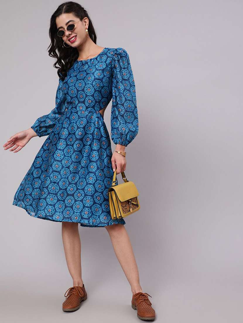 women printed three quarter sleeves fit and flare dress