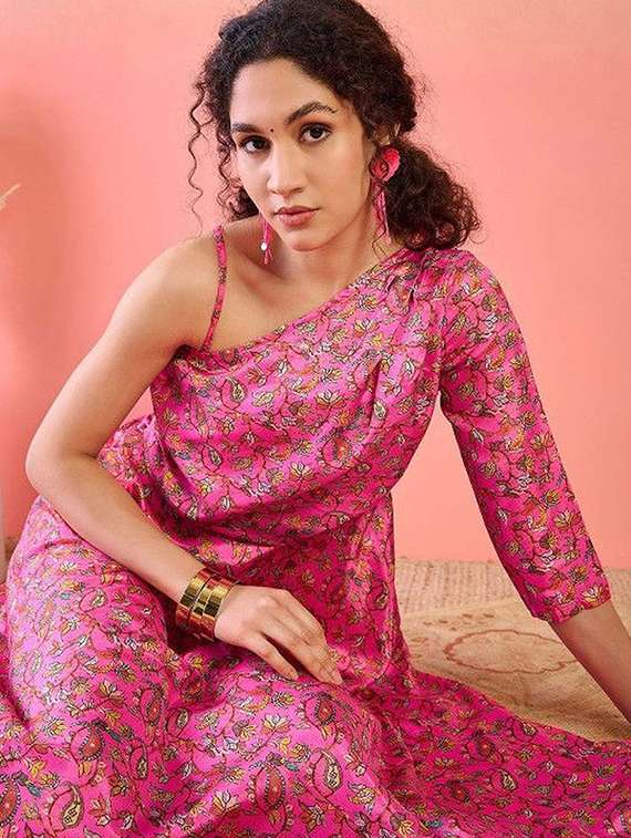 women printed one shoulder fit and flare dress - 22603738 -  Standard Image - 1