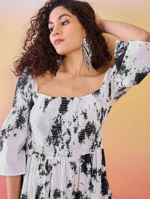 women tie and dye three quarter sleeves tiered dress - 22603752 -  Standard Image - 1