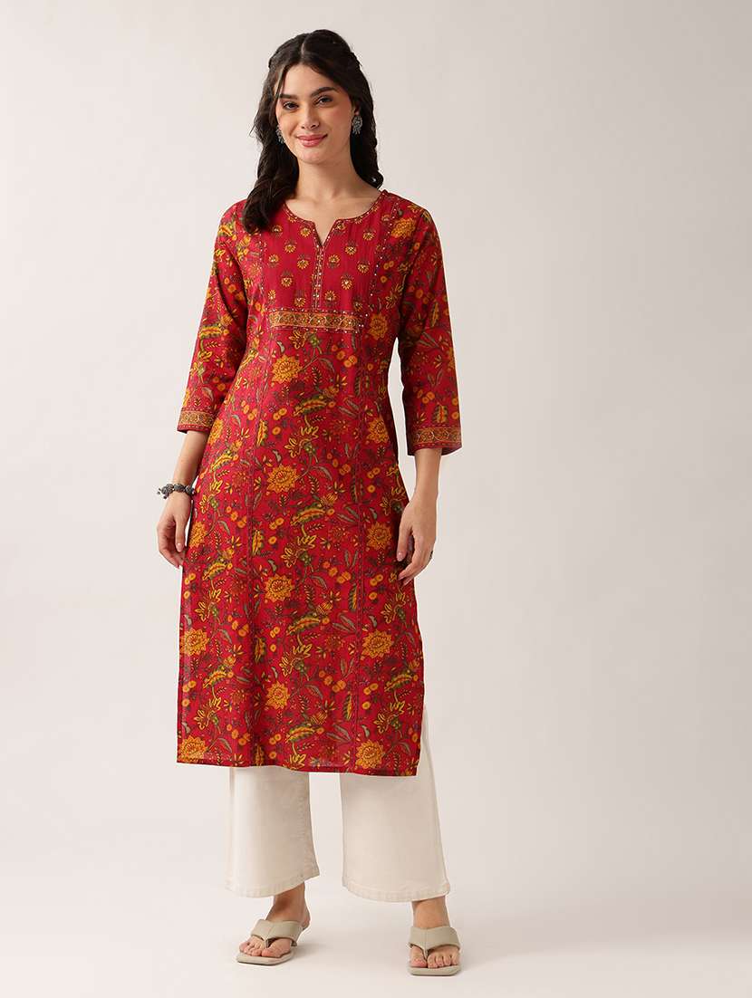 women printed three quarter sleeve straight kurta - 22604039 -  Standard Image - 1