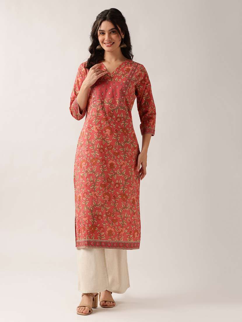 Women Printed Three Quarter Sleeve Straight Kurta - 22604044 -  Standard Image - 1