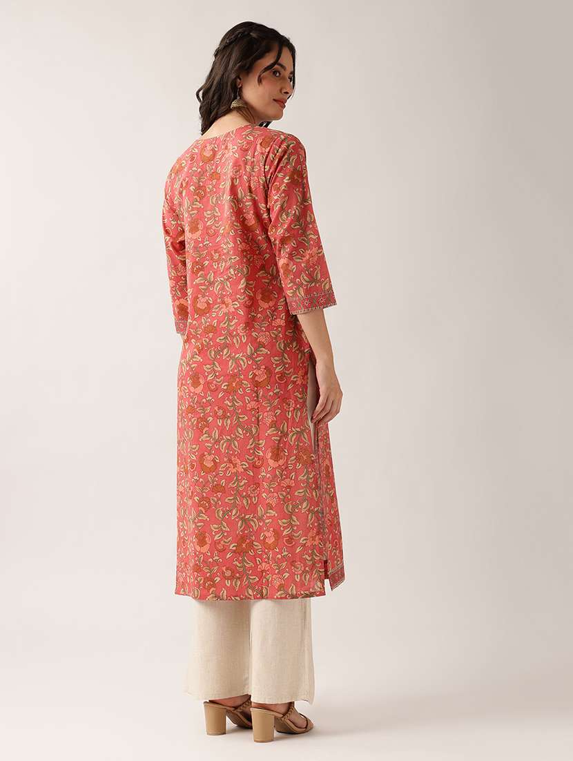 Women Printed Three Quarter Sleeve Straight Kurta - 22604044 -  Standard Image - 4