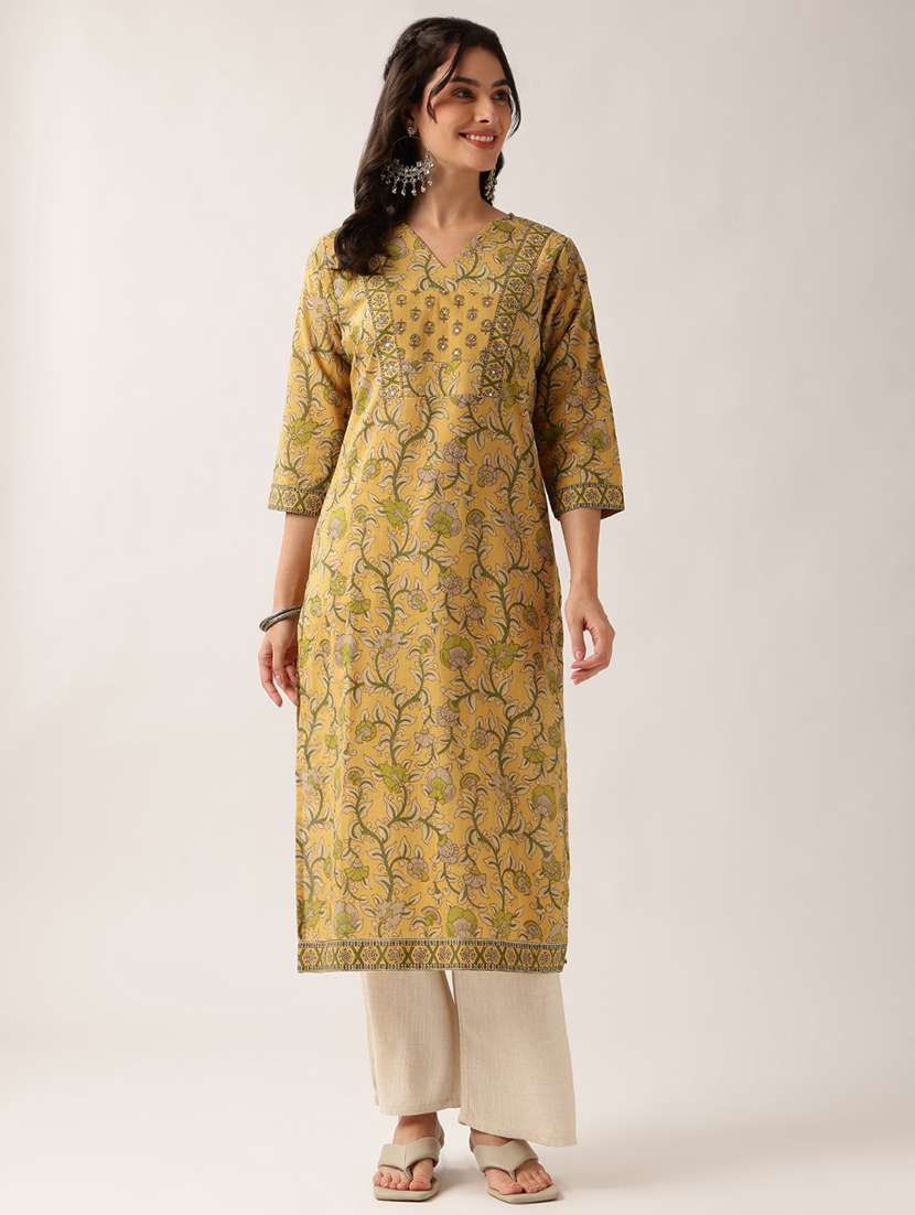 Women Printed Three Quarter Sleeve Straight Kurta - 22604045 -  Standard Image - 1