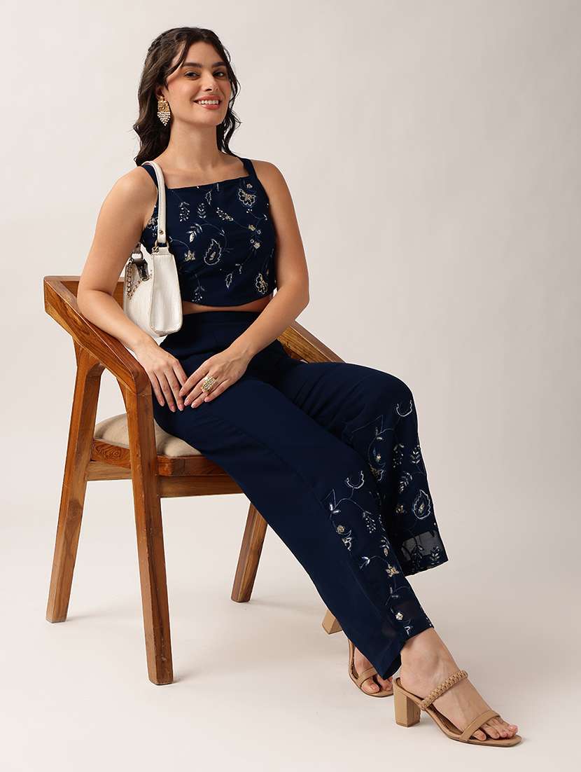 women embroidered sleeveless top and trouser co-ord set