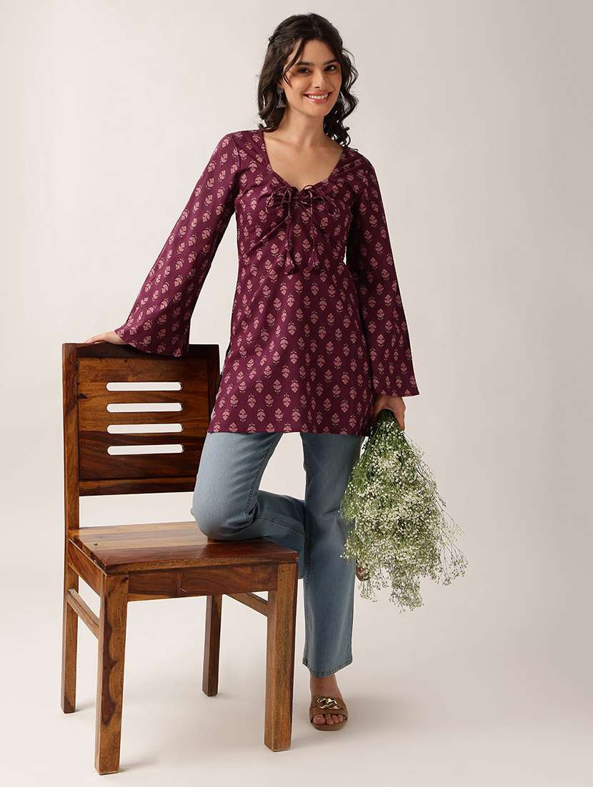 Women Printed Long Sleeves Straight Kurti - 22604078 -  Standard Image - 4