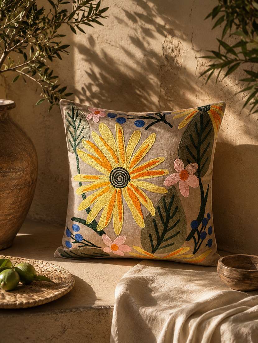 floral embroidered cotton cushion cover with zip closure