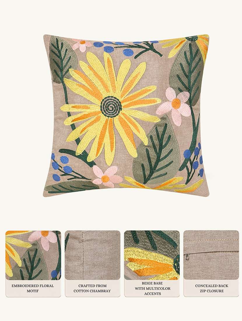 floral embroidered cotton cushion cover with zip closure - 22604113 -  Standard Image - 4