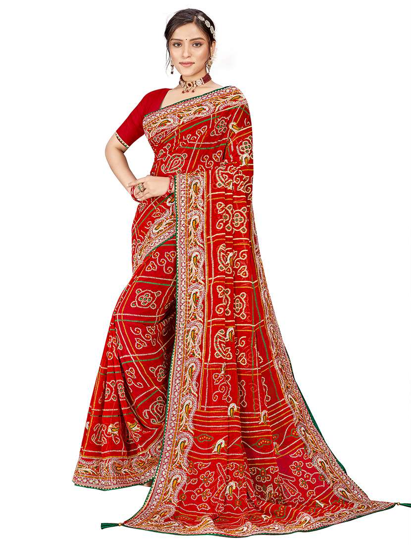 women bandhani printed saree with blouse