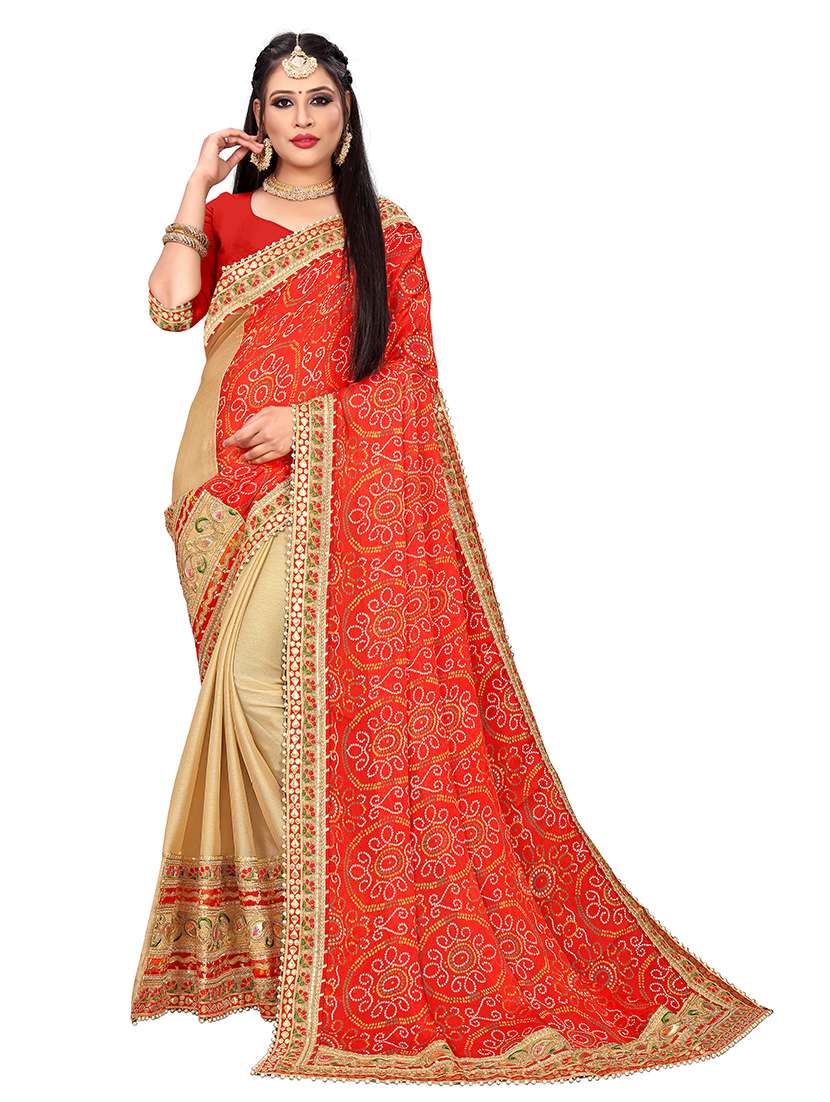 women bandhani printed half & half saree with blouse