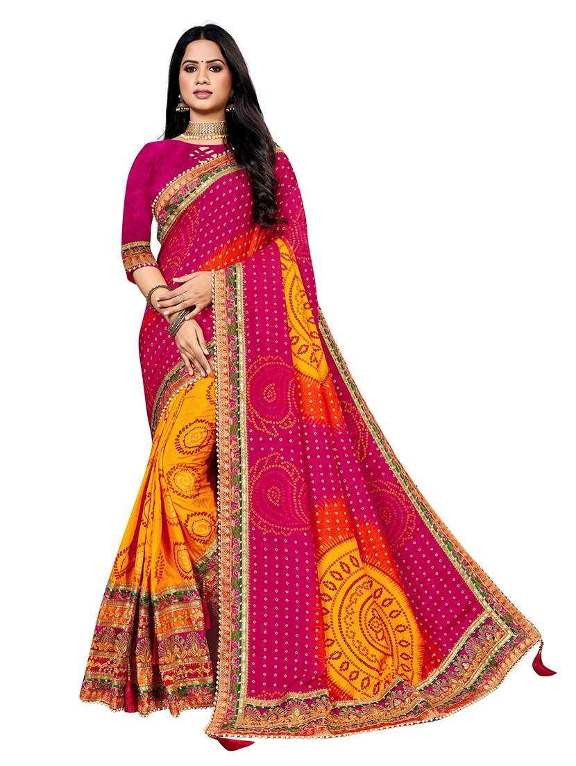 women bandhani printed half & half saree with blouse