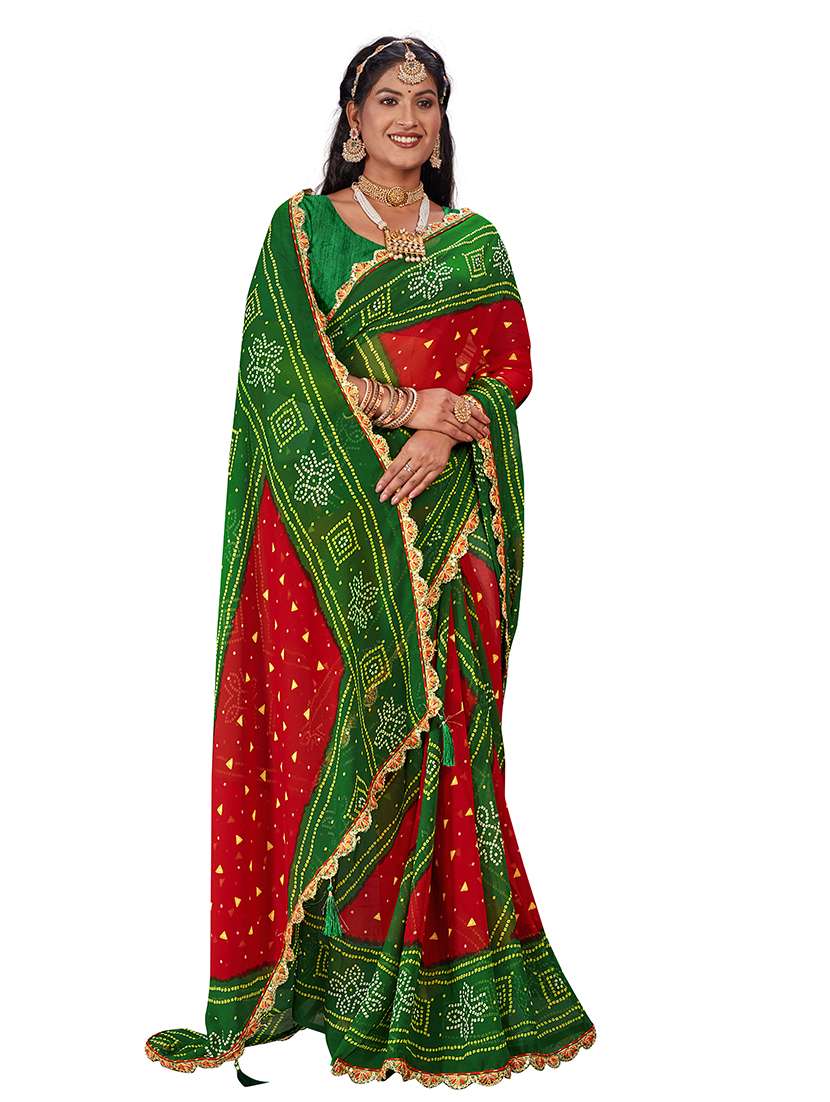 women bandhani printed saree with blouse