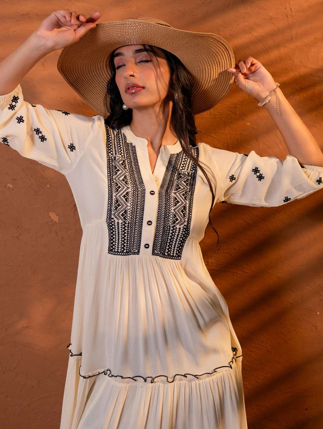 women embroidered three quarter sleeves tiered dress - 22604285 -  Standard Image - 1