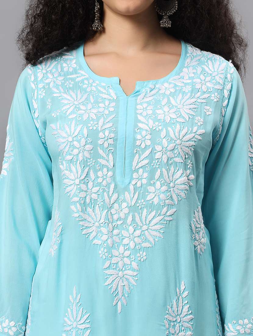 women solid with work three quarter sleeve chikankari kurta - 22604292 -  Standard Image - 1