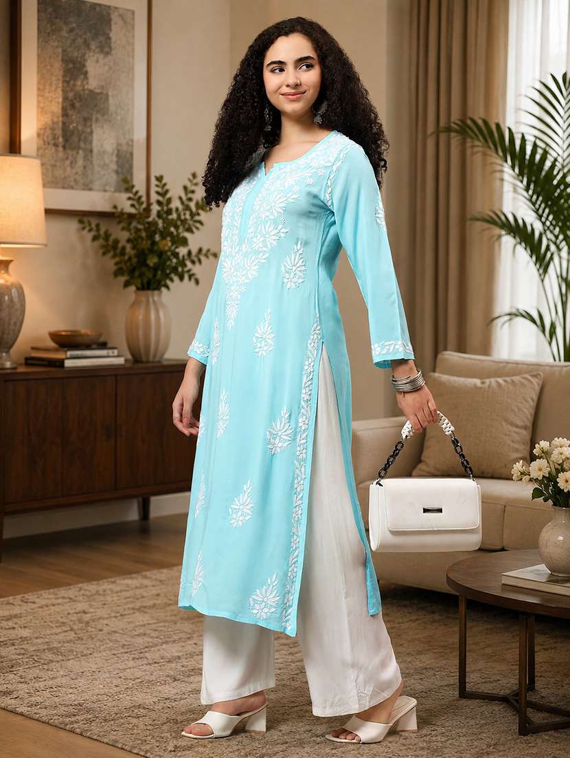 women solid with work three quarter sleeve chikankari kurta - 22604292 -  Standard Image - 4