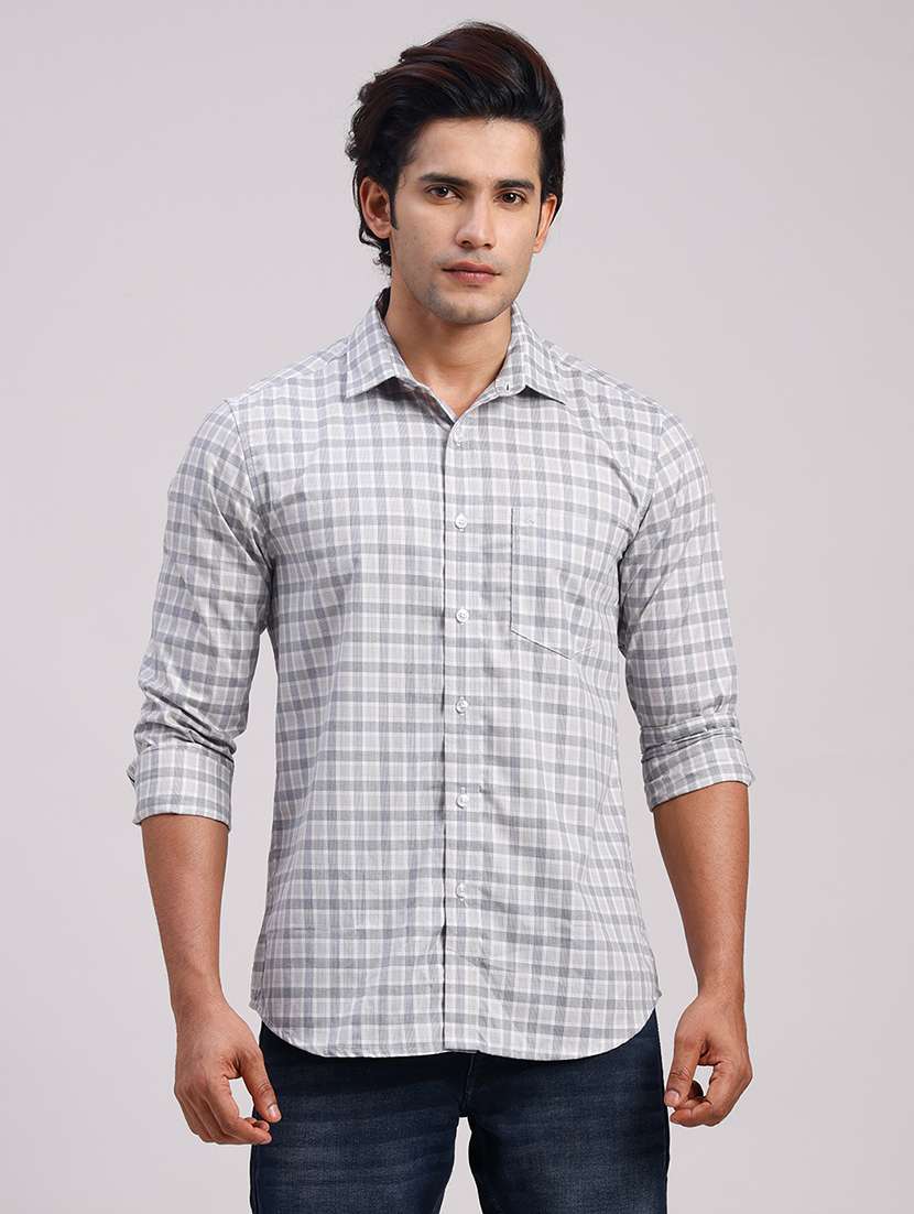men checkered collared slim fit casual shirt