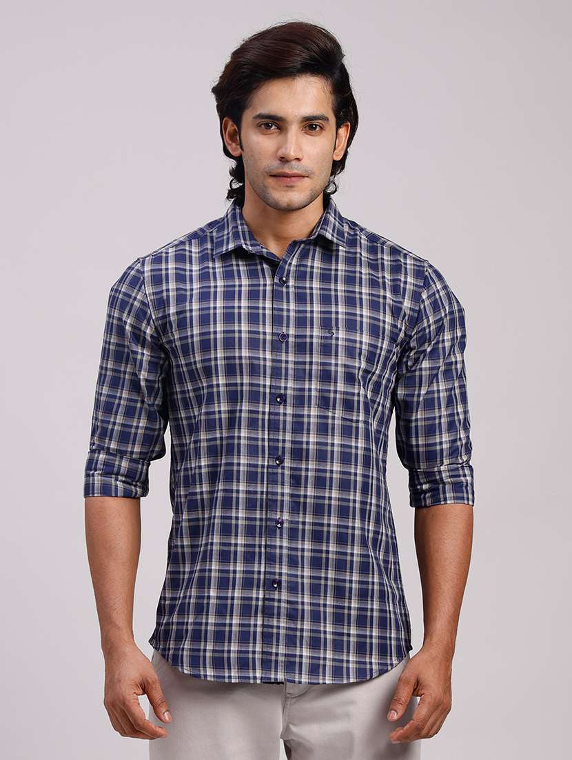 men checkered collared slim fit casual shirt