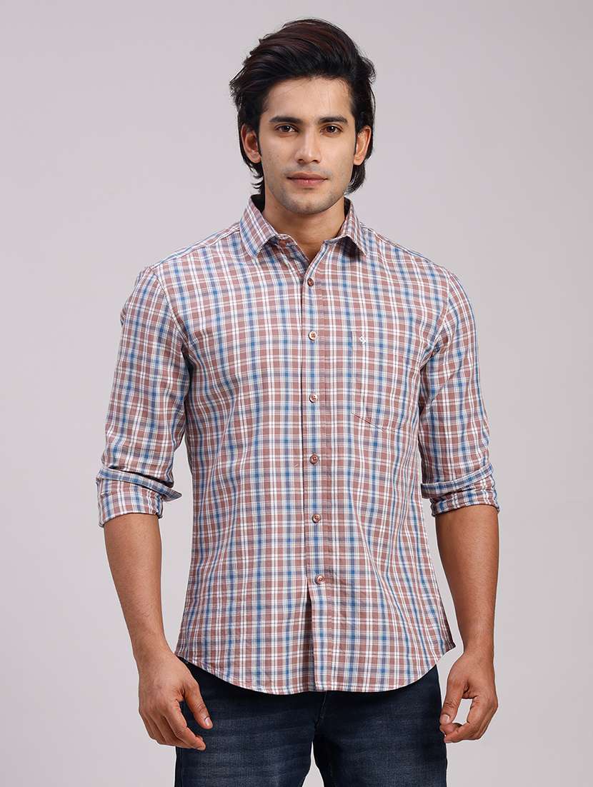 men checkered collared slim fit casual shirt