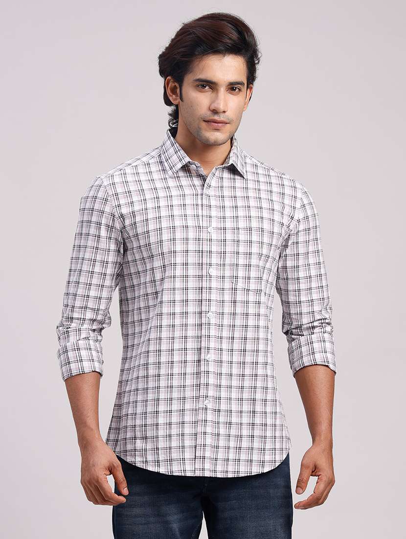 men checkered collared slim fit casual shirt
