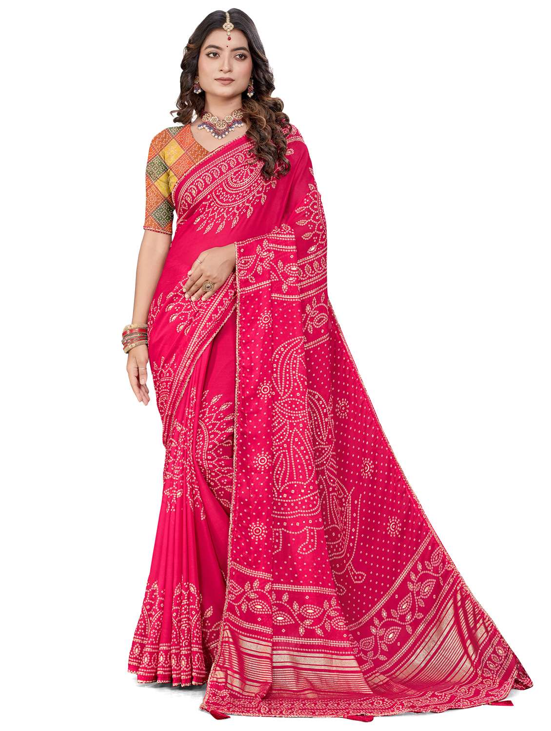women bandhani printed saree with blouse