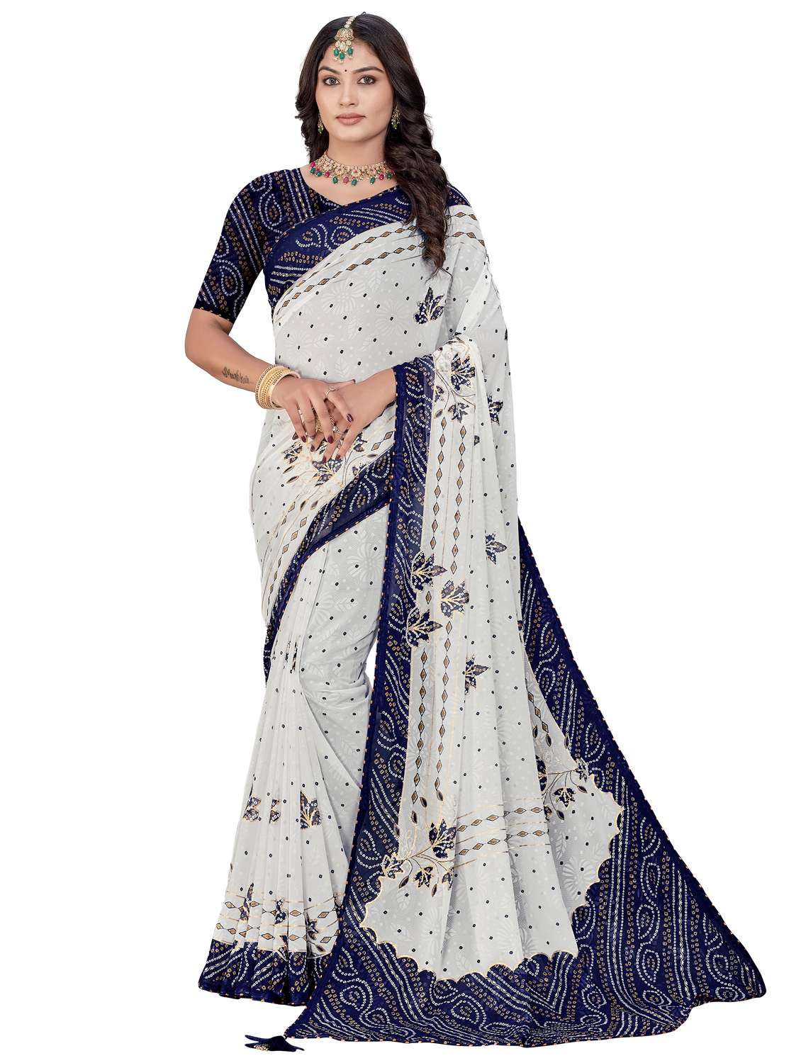 women bandhani printed saree with blouse